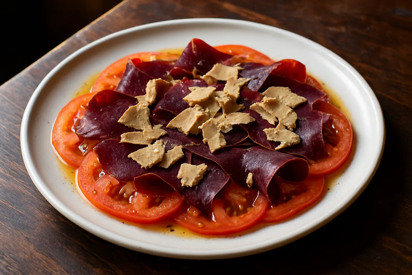 Carpaccio de tomate de la huerta con cecina y virutas de foie